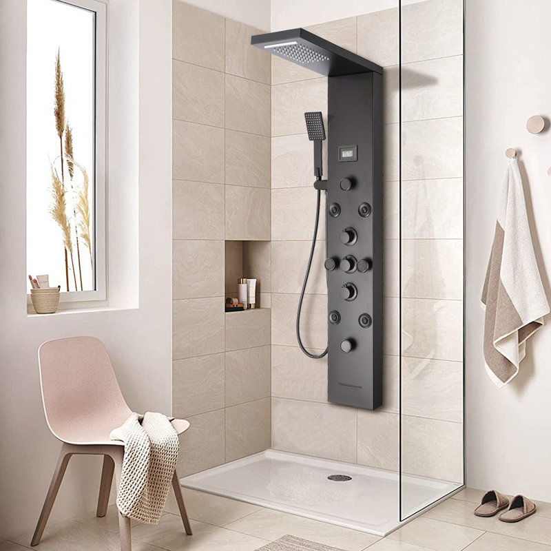 Rainfall Shower Panel System With Rainfall Waterfall Shower Head And Shower Wand, Matte Black