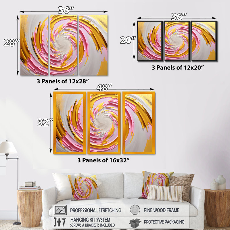 «Pink Watercolor Circular Abstract I», reproduction de 3 pièces sur toile, H 32 po x l 48 po x P 1 po, Cadre flottant noir