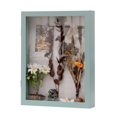 11X14 Shadow Box Frame With Linen Back, Wood Glass Display Case For Medals, Photos, Memorabilia, Awards - Pins Included- Light Green