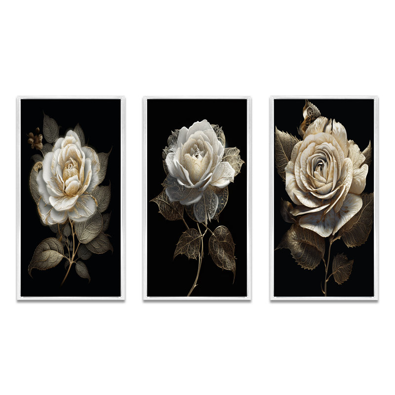 «Retro White Rose Portrait On Black», 3 pièces, Cadre flottant blanc, H 40 po x l 60 po
