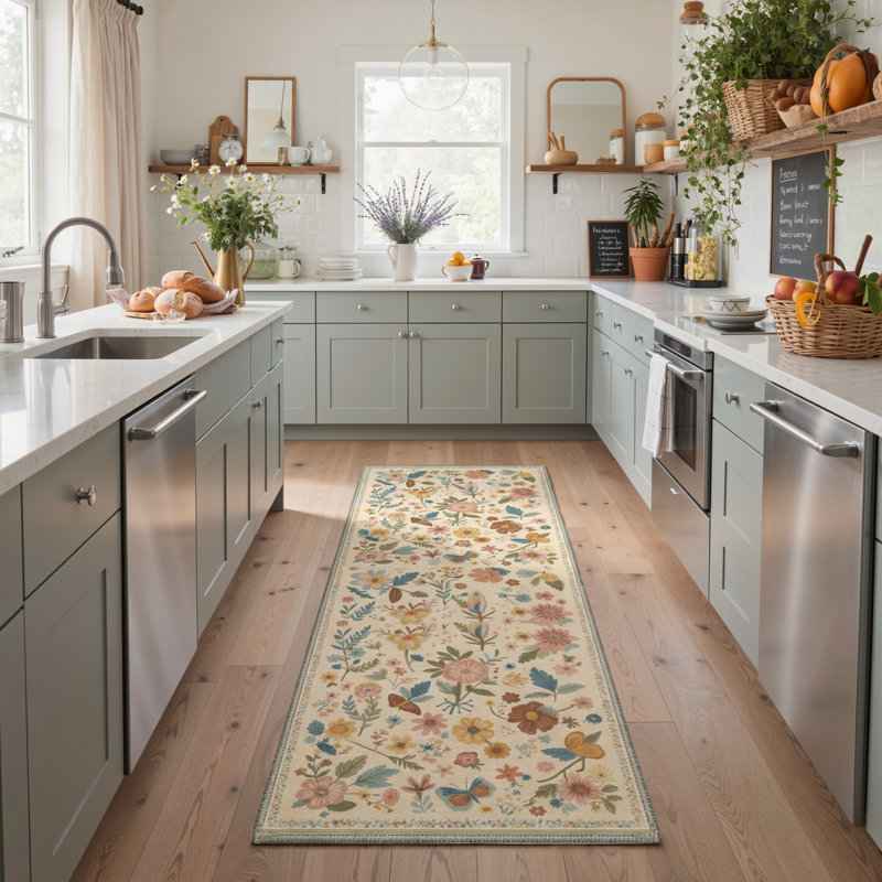 Acker Verdure Floral Machine Washable Beige Indoor Area Rug with Non-Slip Backing, Runner 2'6" x 8'