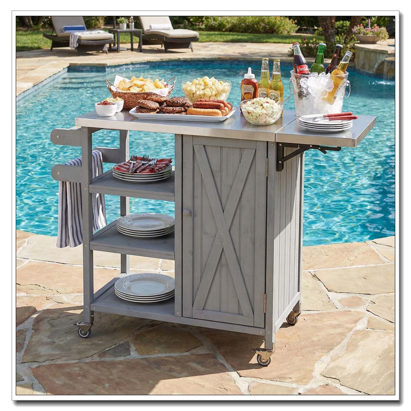 Foldable Outdoor Kitchen Island Patio Kitchen Island Outdoor Kitchen Cart Portable Prep Station with Lockable Wheels, Grey
