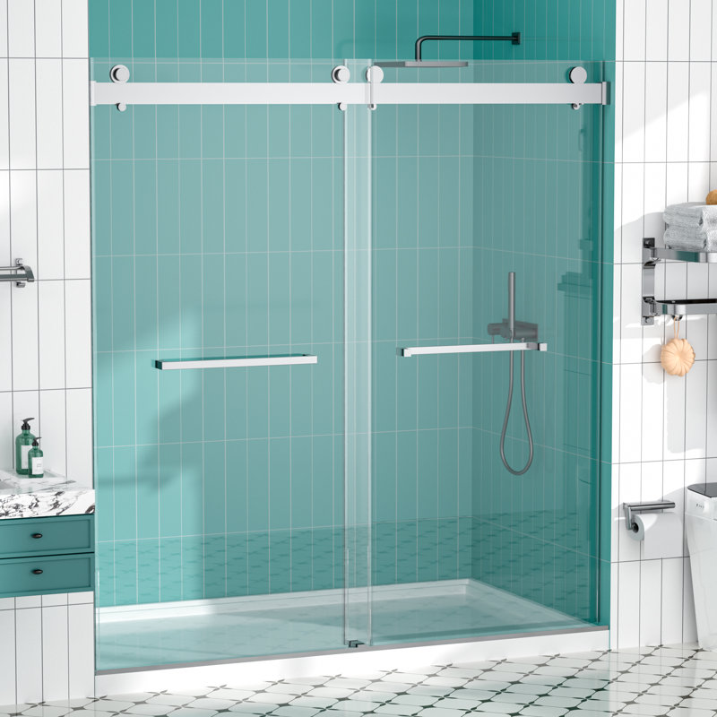Porte de douche à double fermeture coulissante sans cadre de l 68 po à l 72 po x H 76 po avec verre trempé de 3/8 po GCCG, quincaillerie en acier inoxydable 304