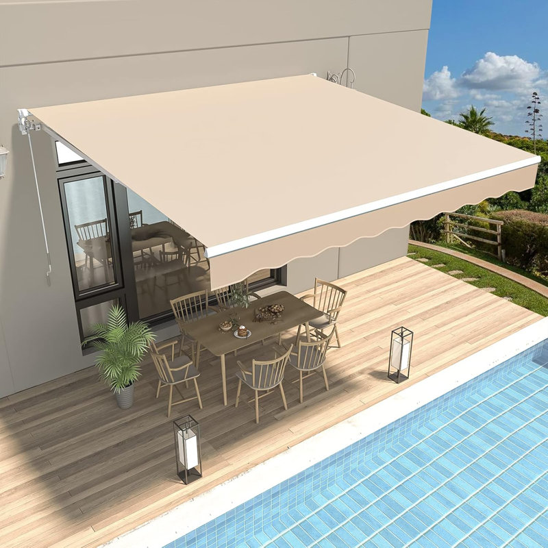Patio Awning with Retractable Function and Manual Crank, Beige, 59" H x 120" W x 96" D
