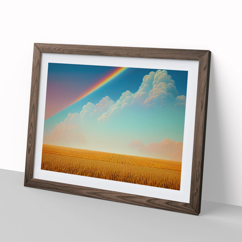 Rainbow Above A Wheat Field - Single Picture Frame Print, 46cm H x 64cm W x 2cm D, Walnut