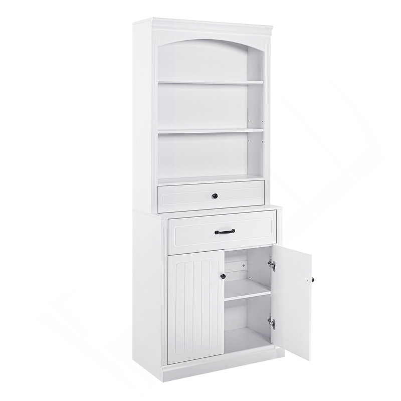 Armoire de rangement blanche pour salle de bain avec deux portes, tiroirs, tablette réglable et trois tablettes ouvertes - Fabrication en panneau de fibres à densité moyenne durable