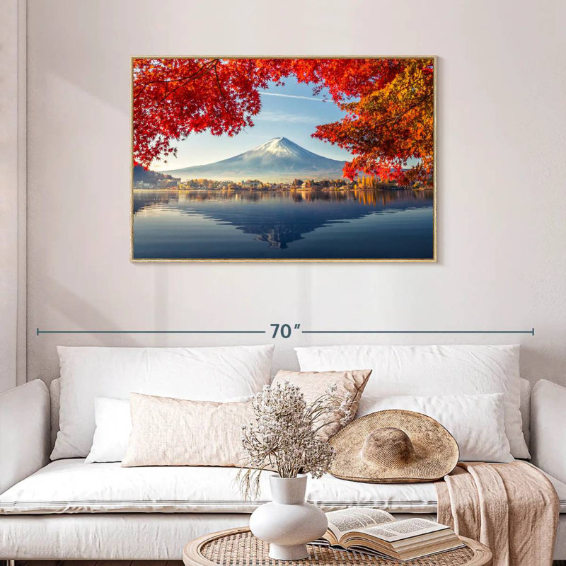 Mont Fuji - automne, Cadre flottant en bois naturel, 43 po x 29 po