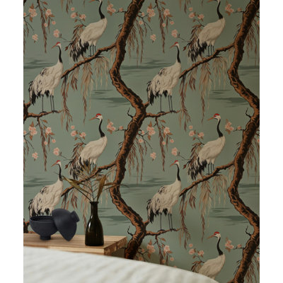 Élégant mur de papier peint adhésif grue et cerisier en fleurs d'inspiration asiatique