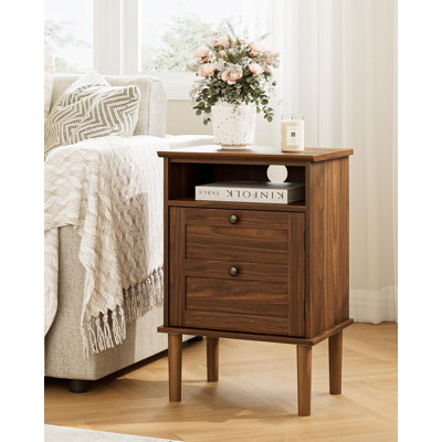 Boho Nightstand With Drawer And Open Shelf, Modern Bedside Table With Wooden Top For Bedroom And Living Room, Walnut Finish