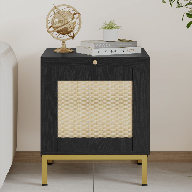 Table de bout en rotin, table de chevet en bois avec tablette de rangement, Noir, 1