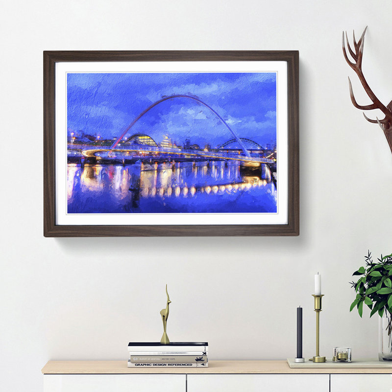 Millennium Bridge in Newcastle - Picture Frame Painting Print on MDF, 27cm H x 36cm W x 2cm D, Walnut Framed