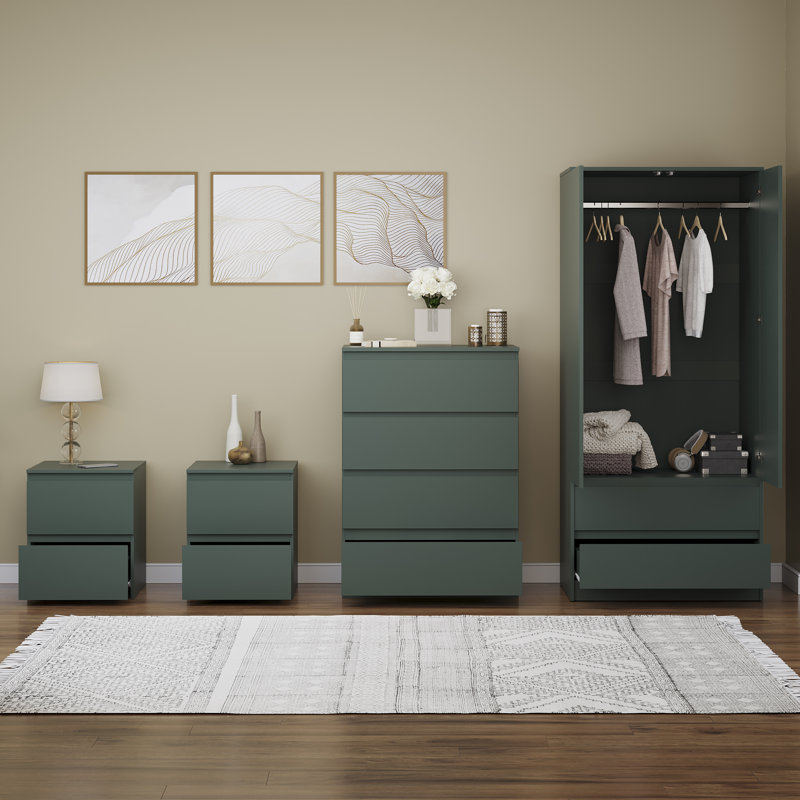 Tanino 4 Piece Bedroom Set (2 Drawer Large Bedside Chest X2, 4 Drawer Chest, 2 Door 2 Drawer Wardrobe), Green