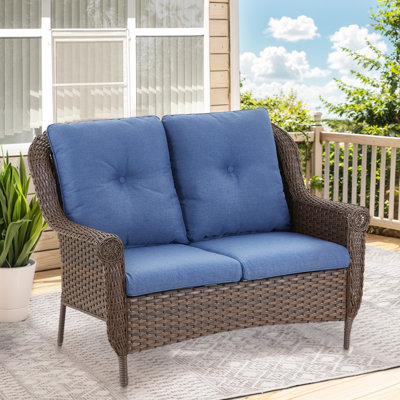 Premium Outdoor Wicker Loveseat Sofa With Comfortable Cushions by Winston Porter