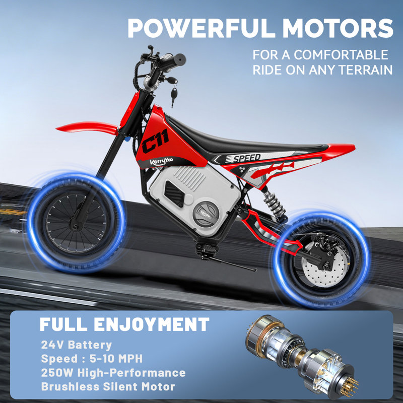 Vélo électrique Kerry Yoo C11, moteur sans balai 24V 250W avec frein à disque et suspension à ressort, vitesse 5-10 MPH pour les enfants - rouge