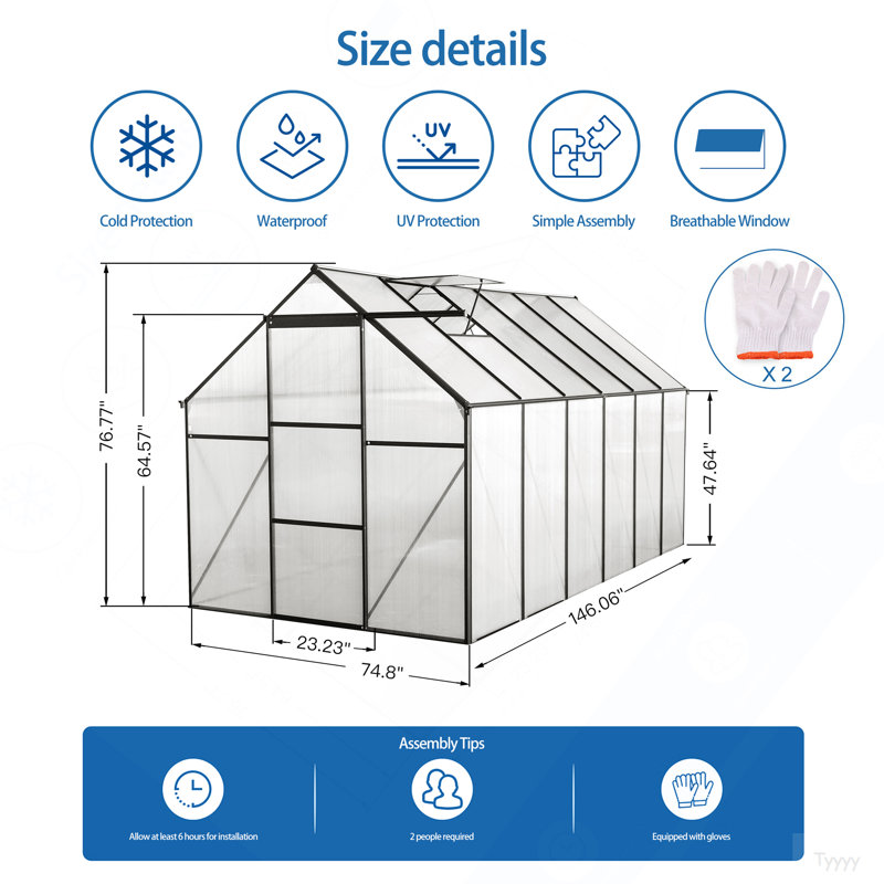 6X12 FT Polycarbonate Greenhouse Raised Base And Anchor Aluminum Heavy Duty Walk-In Greenhouses For Outdoor Backyard In All Season,Black