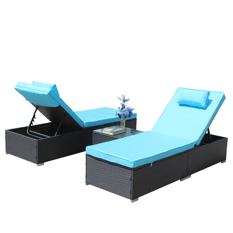 Ensemble de chaises longues d'extérieur 3 pièces, Bleu