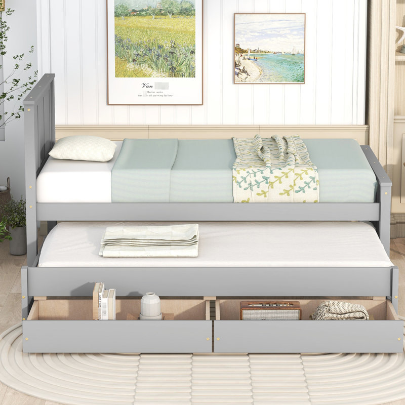 Lit plateforme simple avec lit gigogne et tiroir, fabrication en pin gris, créer un espace de rangement élégant et fonctionnel, maximiser l'attrait