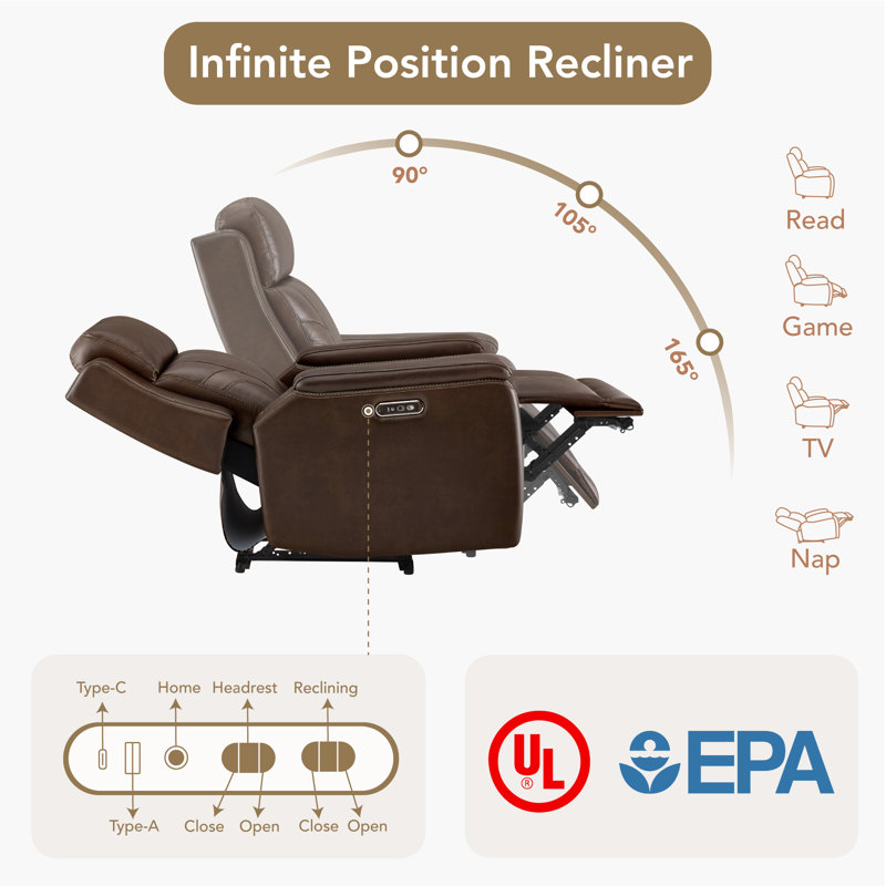 Dual Motor Genuine Leather Power Recliner with Power Headrest, Brown