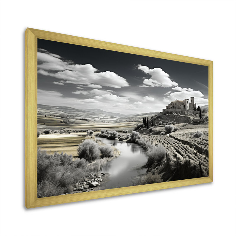 Paysage noir et blanc de l'Espagne sur toile, Cadre doré simple, H 12 po x l 20 po x P 1 po