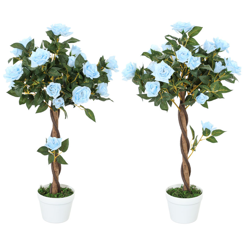Outsunny 90cm Artificial Rose Tree with Twisted Trunk Set of 2 Pink, Light Blue