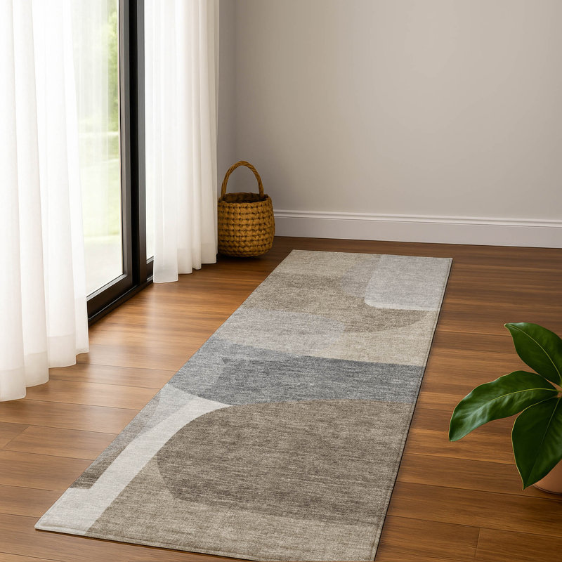 Premium Machine Washable Mayfield AMF2121 Blocks Rug, 2'3" x 7'6" Runner, Taupe