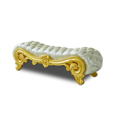 European Style Bedroom Carved Solid Wood Bench Genuine Leather Upholstered Bench