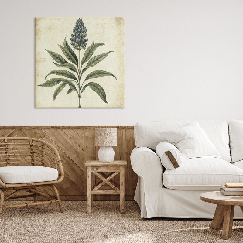 Illustration rétro botanique bleue sur toile, design par Petal Prints Design, H 30 po x l 30 po