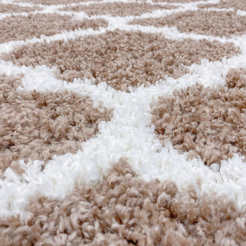 Tapis brun clair / blanc à poils longs Jasmyn Performance, Rond 7 pi 10 po