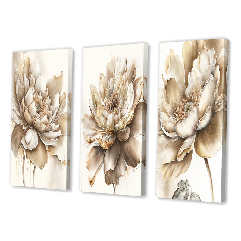 «Indigold Beige Flower», 3 pièces sur toile, H 32 po x l 48 po, Toile tendue