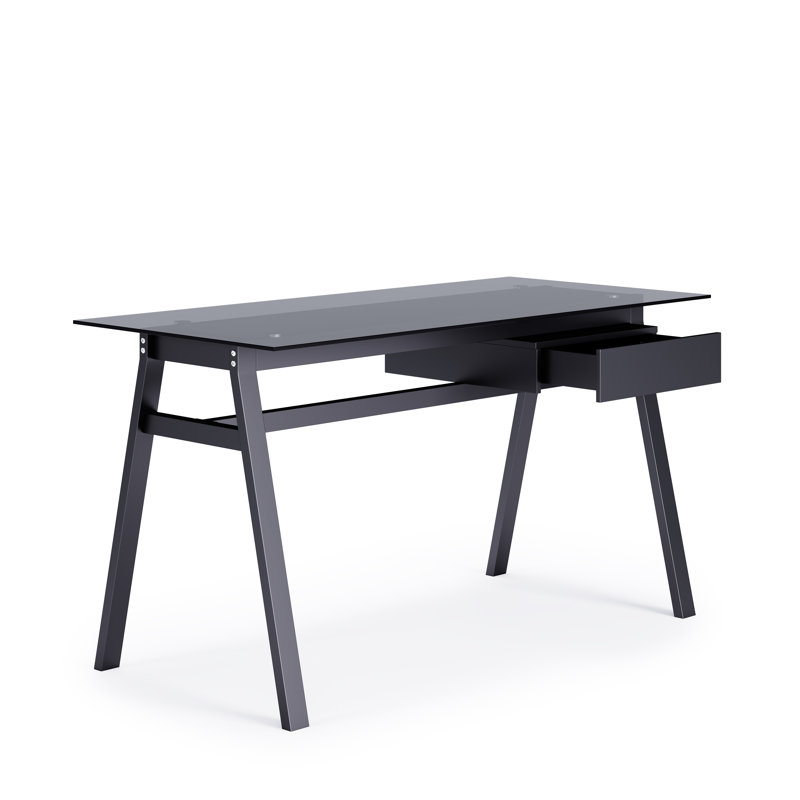 Birl Glass Top Metal Base Writing Desk, Gray