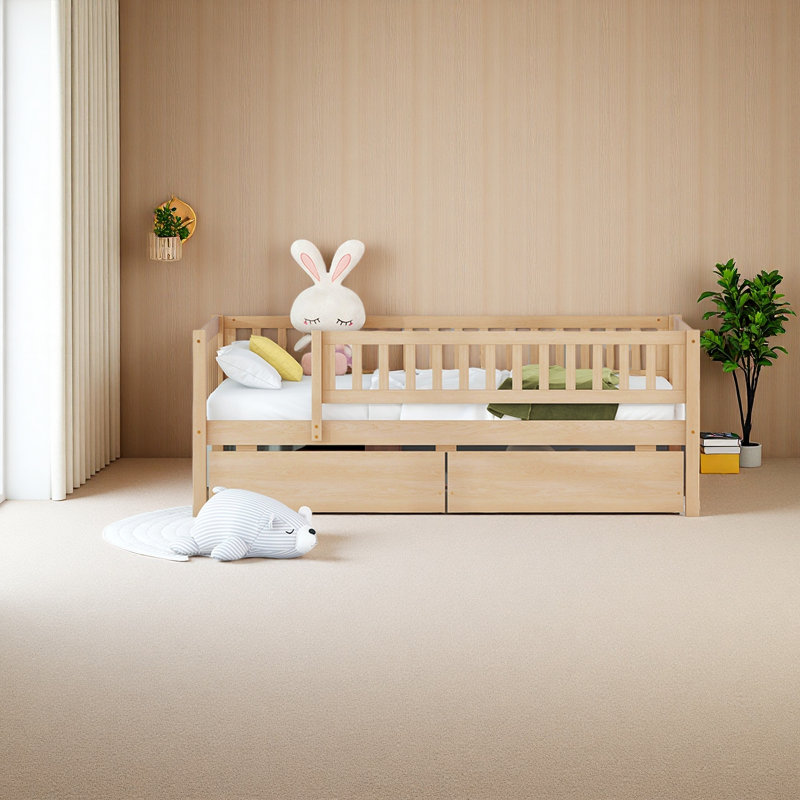 Lit de jour simple en bois avec deux tiroirs, Naturel