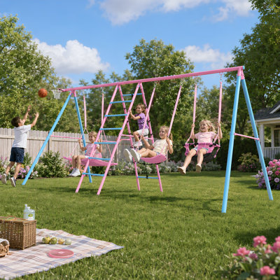 Ensemble de balançoire en métal robuste 6 en 1 avec balançoire à soucoupe, filet d'escalade et panier de basketball - Ensemble de jeu pour la cour certifié par l'ASTM et la CPSC pour les enfants de 3 à 12 ans (capacité de 700 lb)