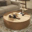 Table basse ronde contemporaine moderne de 89 cm de large, entièrement assemblée, avec piètement cannelé en bois massif, 2 tiroirs de rangement dissimulés et plateau en placage de bois.-245715675-31455752