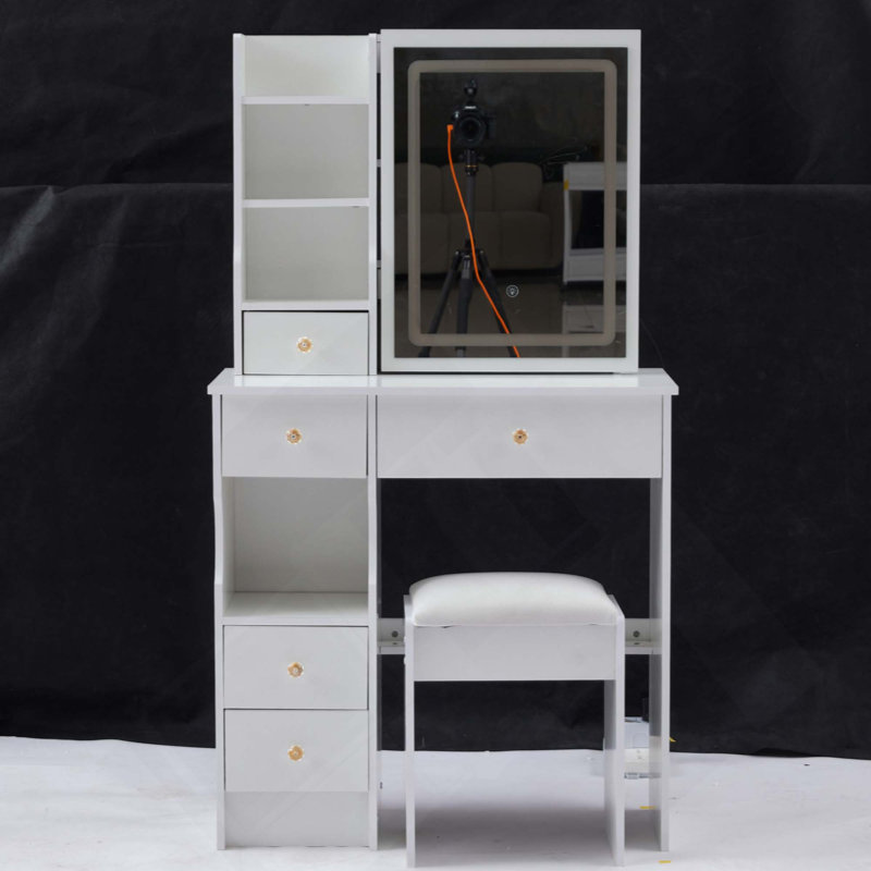 Small Size Left Drawer Desktop Vanity Table + Cushioned Stool, Large Sliding, Touch Control, Tri-Color Switching, Brightness Adjust LED Mirror, High Capacity Storage, Suitable For Small Space