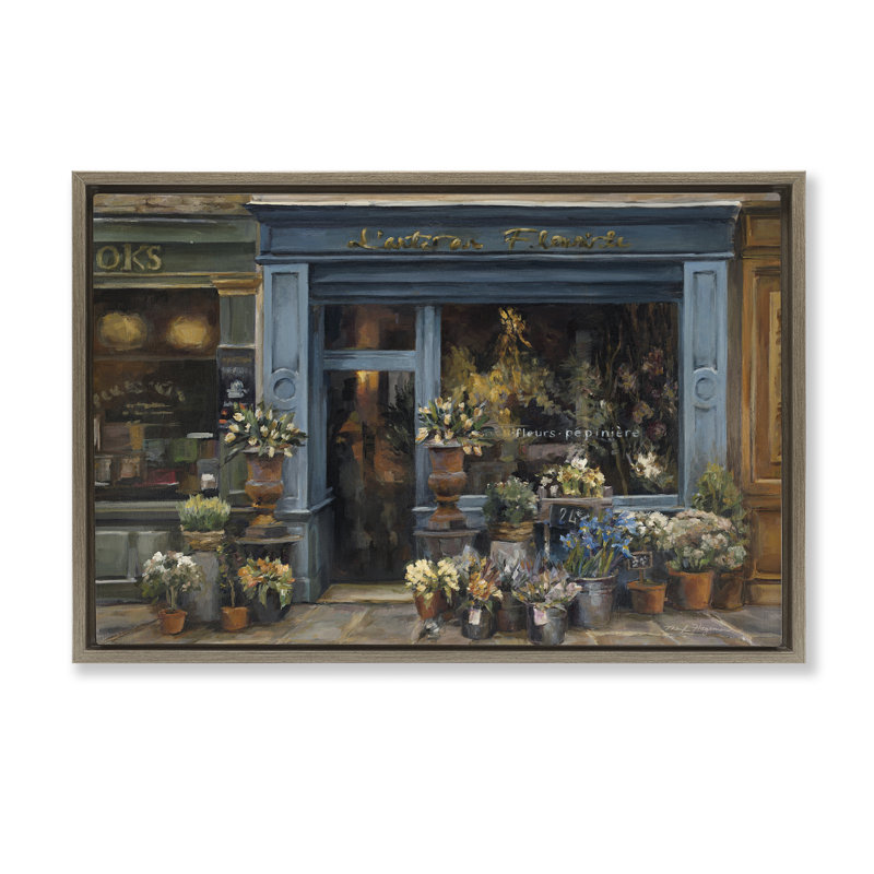 Fleuriste, devant une ville, art encadré flottant par Marilyn Hageman, Cadre flottant orme Montalcino, H 17 po x l 25 po