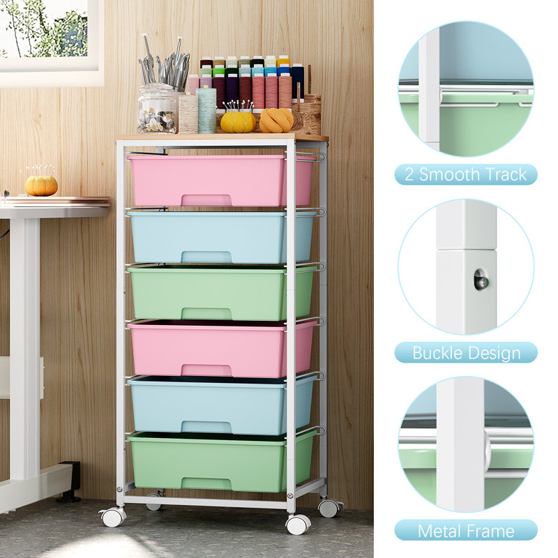 Rolling Storage Drawers with Wheels ,Utility Cart with 6 Large Drawers and Wooden Tabletop, Blue/Pink/White