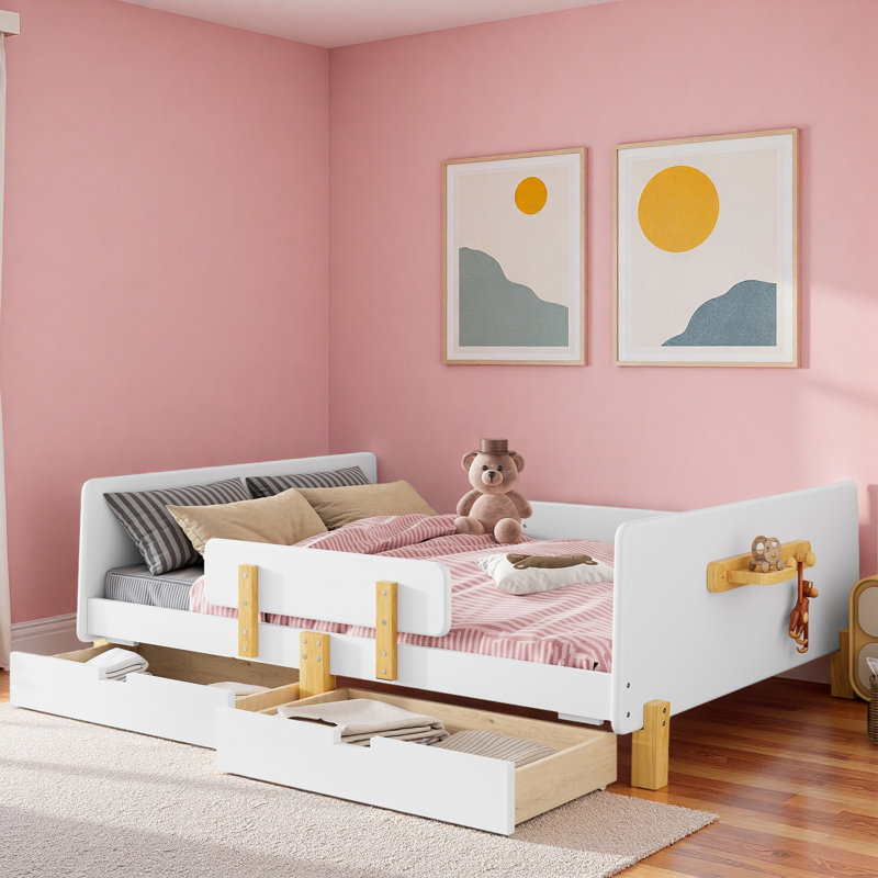 Lit plateforme avec tiroirs de rangement, garde-corps, petite tablette et crochets, Blanc clair, Double