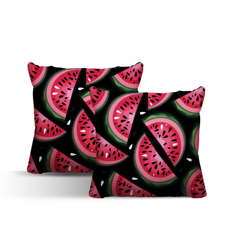 Oreiller carré intérieur / extérieur Yumelon Watermelon, Noir / rouge, L 15 po x H 15 po