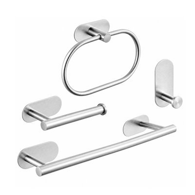 Ensemble de 4 accessoires de salle de bain autoadhésifs, comprenant une barre porte-serviettes, un anneau porte-serviettes, un porte-papier hygiénique et un crochet pour peignoir, en acier inoxydable. Finition noir mat et argent brossé.