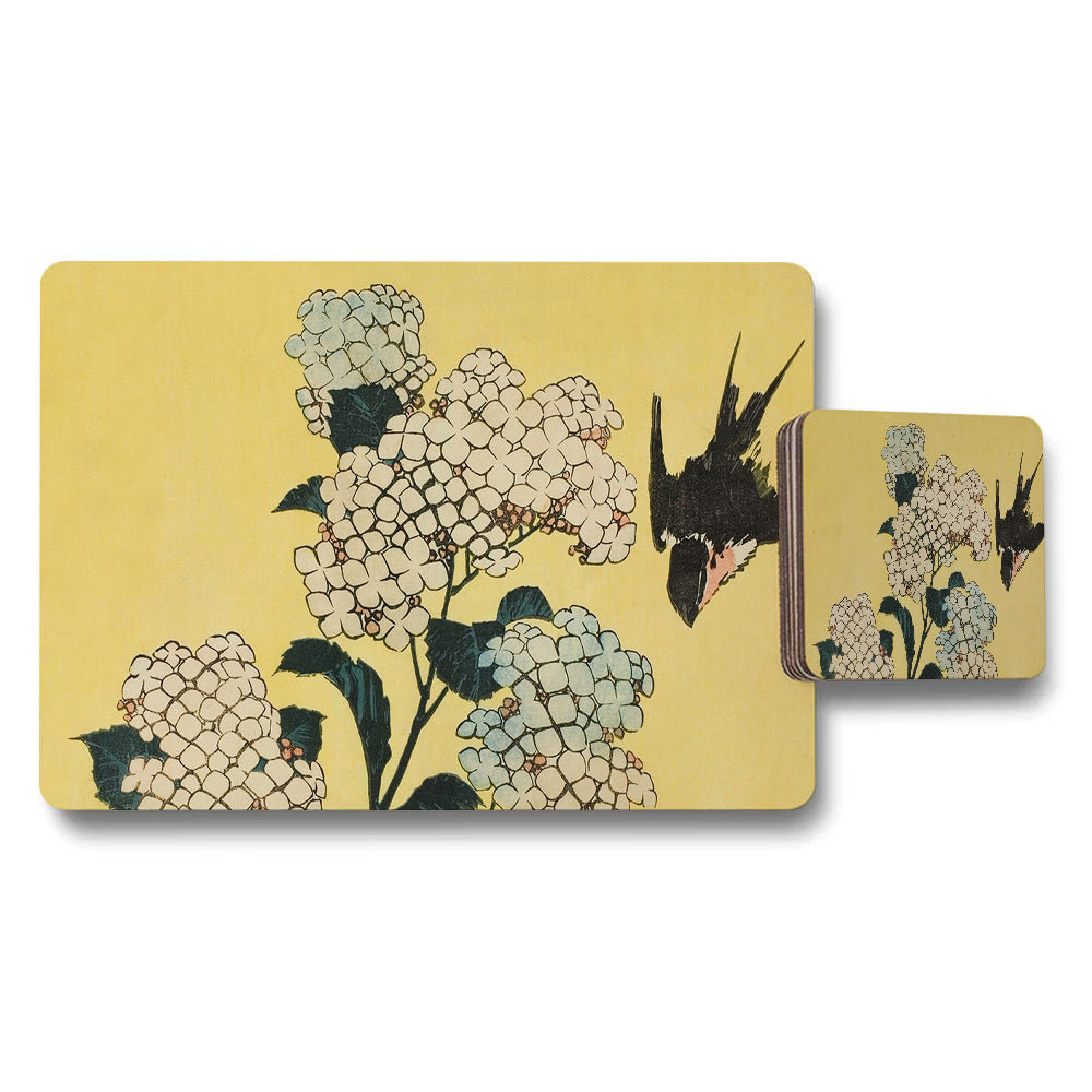 Hydrangea Floral Placemat And Coaster Set Yellow Background