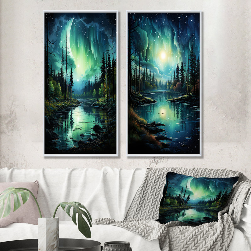 Northern Lights Aurora Reflection I - ensemble de 2 impressions murales sur toile Northern Lights, Cadre flottant blanc