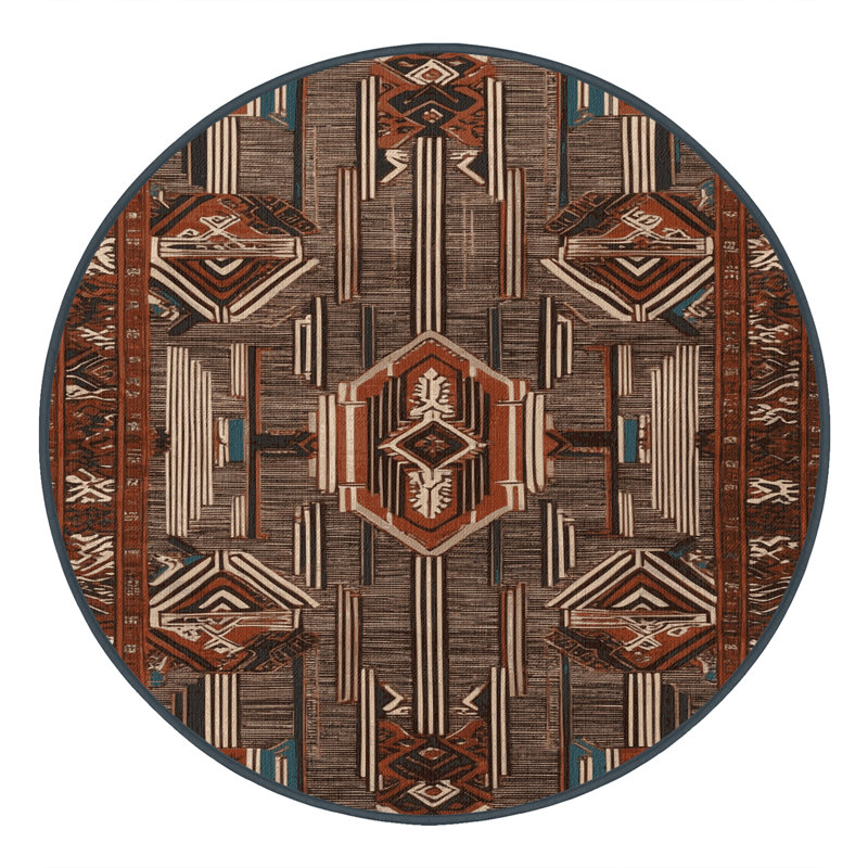 Tapis art déco brun lavable à la machine, Rond 4 pi