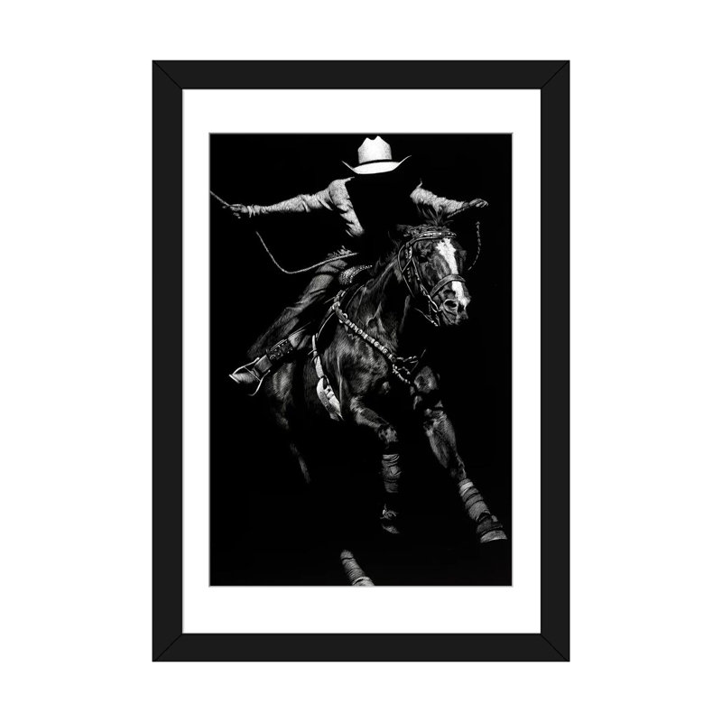 « scratching rodeo iii », impression sur toile, Blanc, Papier beaux-arts encadré noir, H 32 po x l 24 po x P 1 po