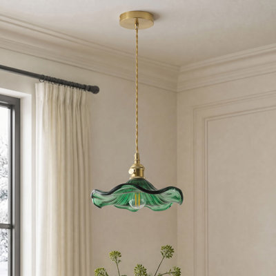 Luminaire suspendu fleur en verre vert moderne 1 lumière avec finition laiton poli
