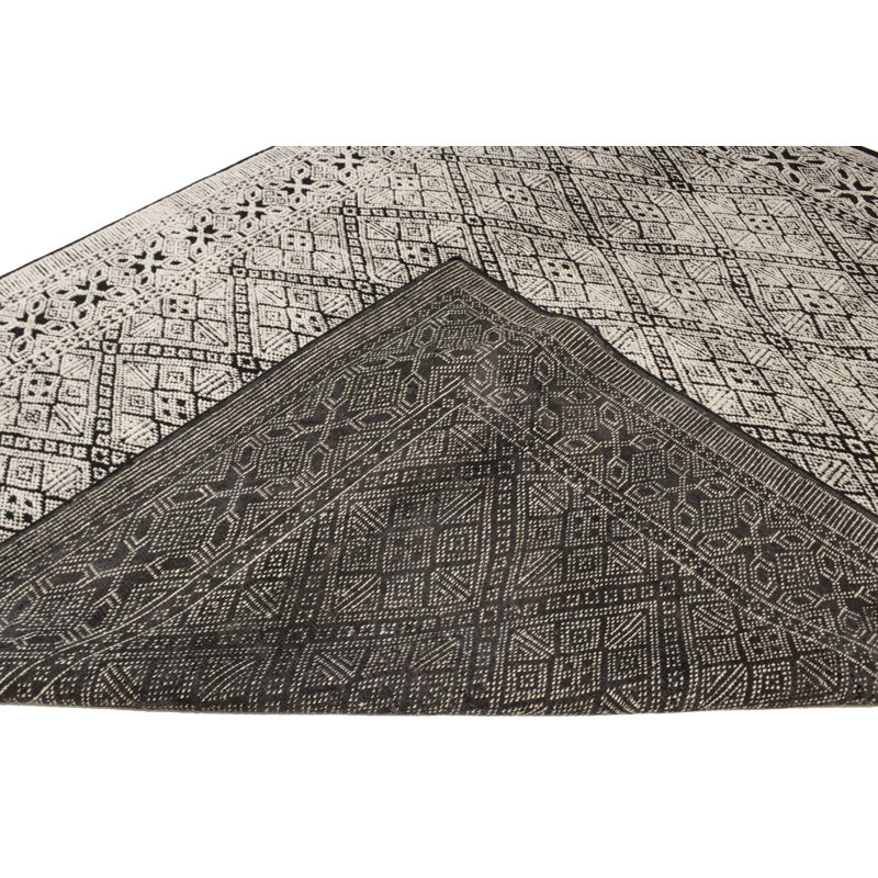 Tapis gris anthracite en laine noué à la main à motif géométrique 8 pi x 10 pi