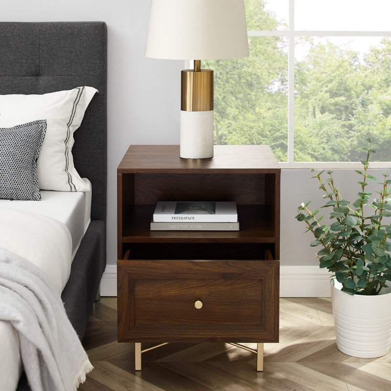 Afet 1-Drawer Nightstand with Open Cubby, Dark Walnut