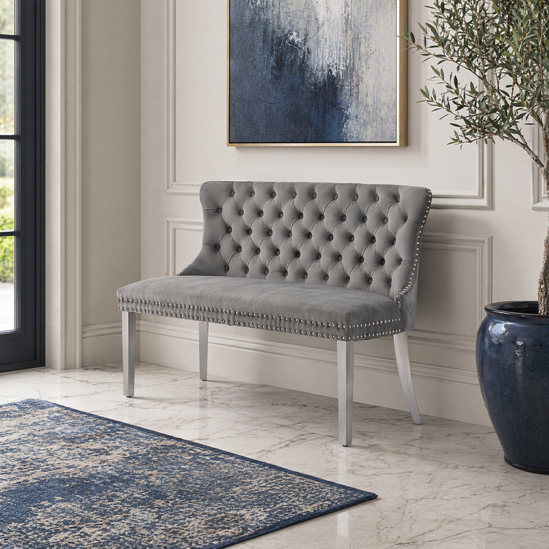 Banc de causeuse Elegant - revêtement en velours doux, dossier à oreilles capitonné, Gris, Argent argent