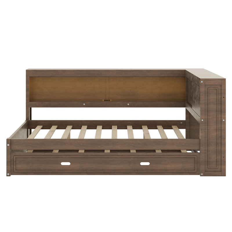 Lit de jour avec tablettes de rangement, USB, DEL et lit gigogne, Couleur de bois antique