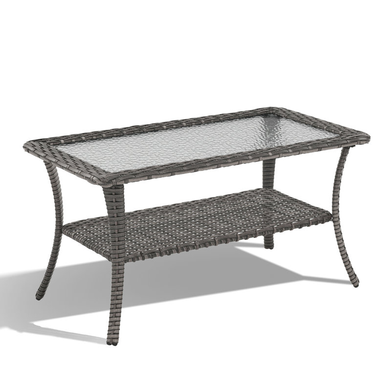 Patio Rattan Wicker Coffee Table with Tempered Glass Top and 2-Tier Storage Outdoor Table for Deck Porch Balcony Garden, Gray