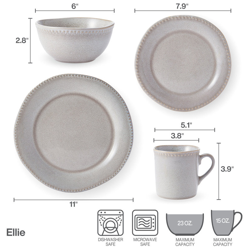 Ellie Gray Ceramic 16-Piece Dinnerware Set, Service for 4